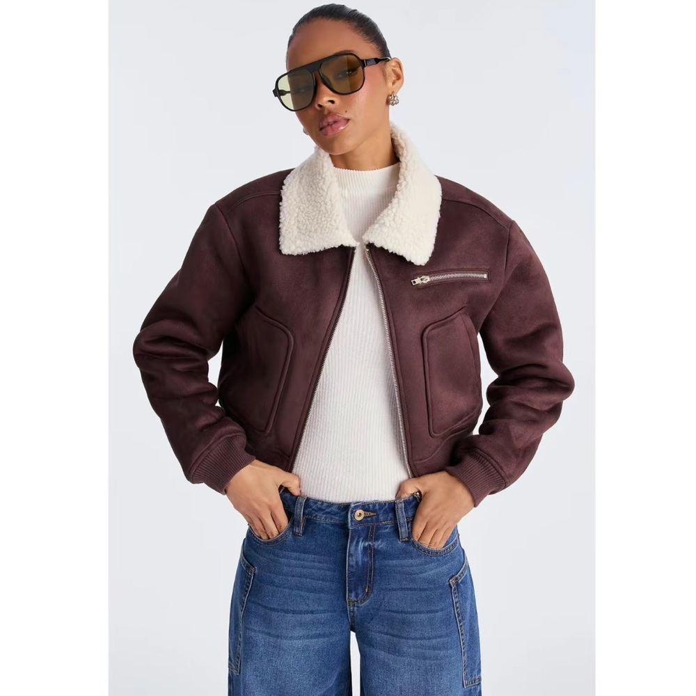 Fashion Nova Brown Bomber Jacket with Shearling Collar
